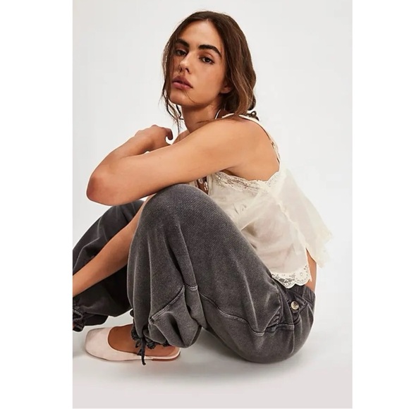 NWT FREE PEOPLE FP One Bohemian Wide Leg Barrel Arden Knit Pants Washed Black XL - Picture 3 of 12